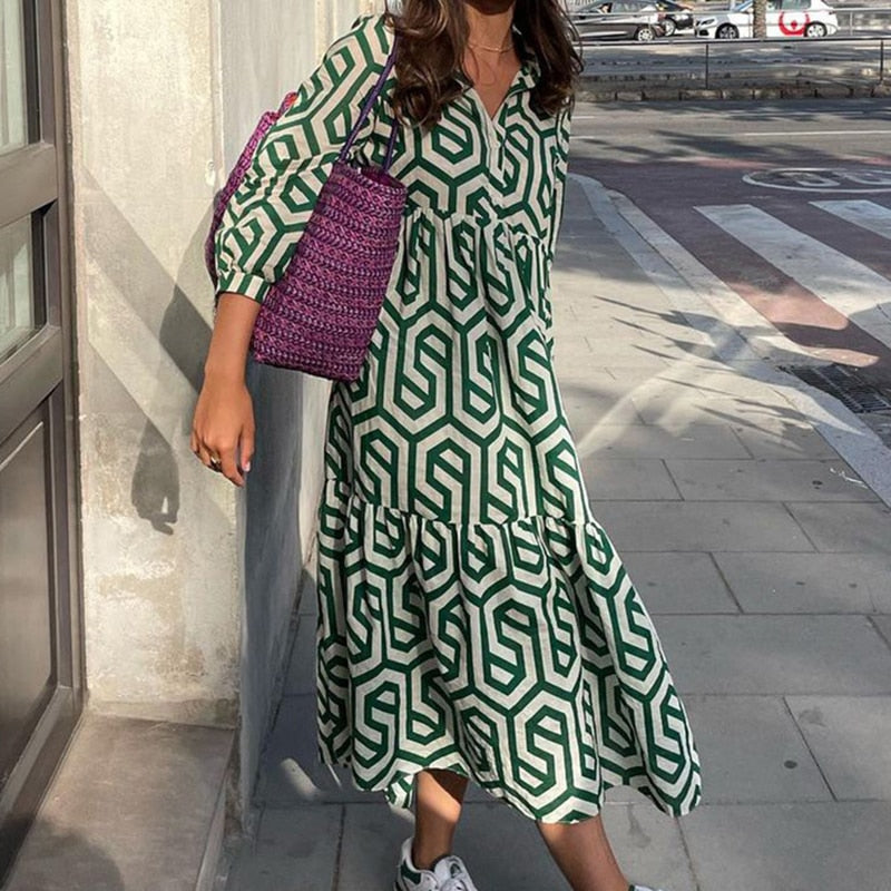 Summer Beach Maxi Dress Women Elegant 2023 Vintage Button Geometric Boho Long Loose Dresses Holiday Casual Female Shirt Vestidos