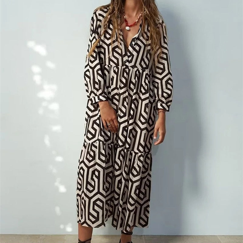 Summer Beach Maxi Dress Women Elegant 2023 Vintage Button Geometric Boho Long Loose Dresses Holiday Casual Female Shirt Vestidos